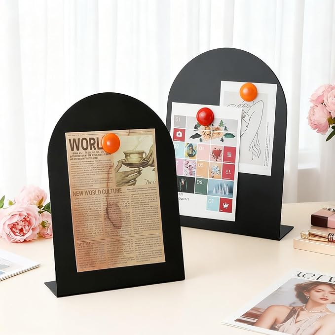 Shimeyao 2 Pcs Black Magnetic Bulletin Board for Tabletops with 8 Magnets 12 x 8.5 Inch Memo Display Easel Stand for Home Office School Kitchen Table Supplies (Arched)