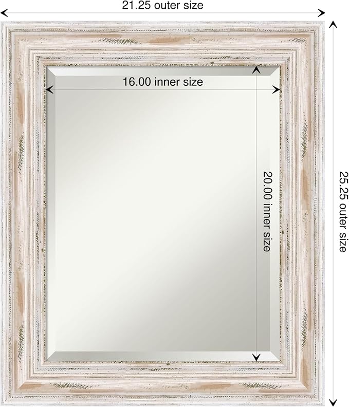 Amanti Art White Wall Mirror 25x21 Alexandria White Wash Rectangle Bathroom Mirror for Wall Decor Living Room, Small Cottage Wood Frame, Hangs Horizonally and Vertically, Bathroom Decor, Beveled Edge