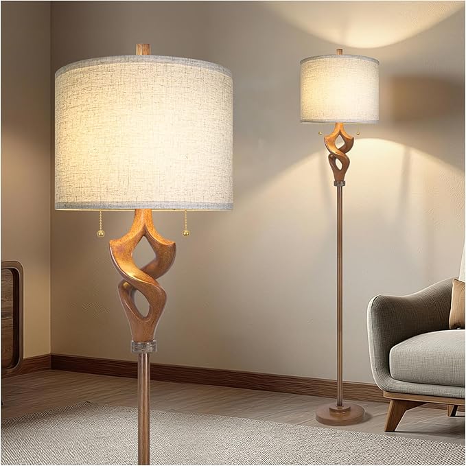 Scenekoy Sculptural 65.5” Floor Lamp for Living Room Bedroom, Bronze Wood Finish & Resin Body, Pull Chains Switch Standing Lamp, Brightness Adjustable Corner Lamp with Bulb Prefer for Home Office Bar