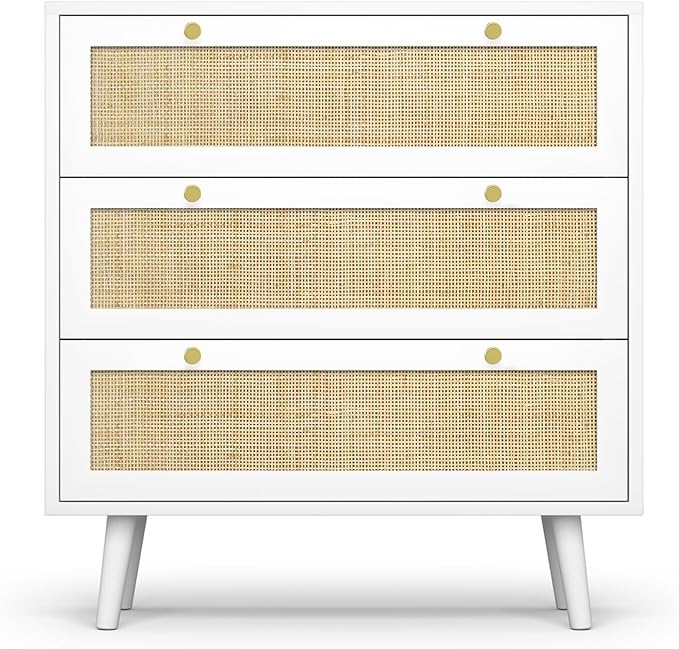 Anmytek White Dresser for Bedroom with 3 Drawers, Modern Wood 3 Drawer Dresser, White Chest of Drawer with Spacious Storage Rattan Dresser for Bedroom H0072