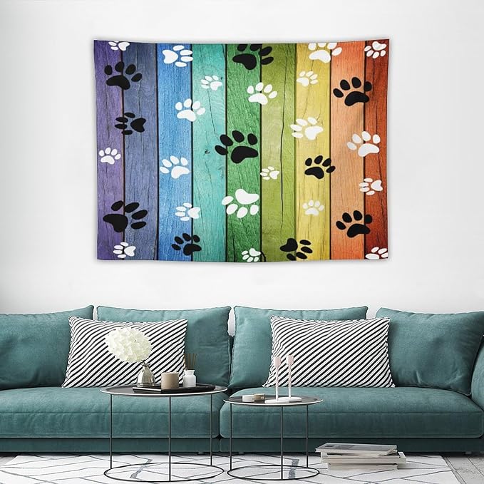 VUMIVI Dog Paw Tapestry Vintage Rustic Colorful Barn Boards Black White Animal Footprints Tapestry Wall Hanging for Living Room Bedroom Dorm Classroom Aesthetic Decor W40xL30in