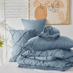 CozyLux King Size Comforter Set Mineral Blue, 7 Pieces Pintuck Bed in A Bag Blue Comforter King Size, Pinch Pleat Bedding Set with All Season Comforter, Flat Sheet, Fitted Sheet, Pillowcases & Shams