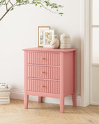 Fluted Nightstand, Farmhouse Night Stand with 3 Drawers, Mid Century Modern Side Accent Table,Bedside End Table for Bedroom, Living Room, Pink