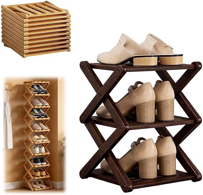 9 Tier Bamboo Shoe Rack, Heavy Duty Foldable Shelf Needing No Setup | Versatile Space-Saving & Sturdy Collapsible Bamboo Shoe Rack Organizer for Closet, Entryway, Over-Door, Dorm or Bedroom Use