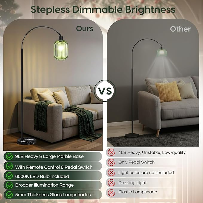 COTTHOS Glass Floor Lamp for Living Room, Modern Standing Lamp with Ribbed Glass Lampshade Marble Base, 68” Tall Lamp with Remote Control and Pedal Switch for Bedroom(6000K LED Bulb Included)