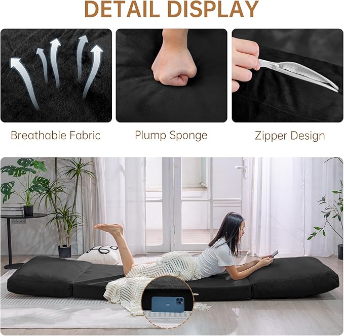 Bean Bag Chairs for Adults,Folding Sofa Bed,Floor Couch Bed, Foam Filling Fold Floor Mattress with Washable Soft Faux Fur Cover, Leisure Floor Couch for Bedroom Living Room(Black,Single)