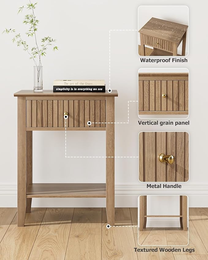 Fluted Nightstand, Farmhouse Night Stand with 1 Drawers, Mid Century Modern Side Accent Table,Bedside End Table for Bedroom, Living Room, Natural