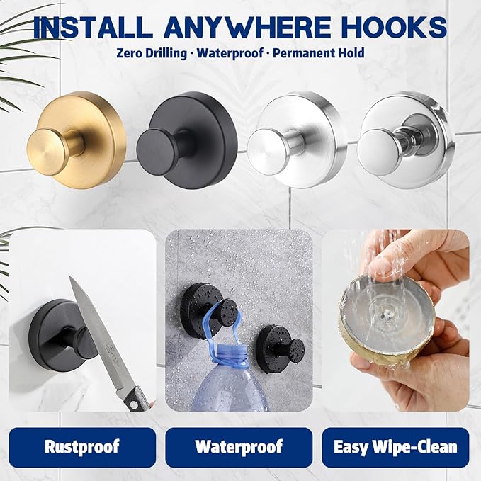 2-Pack Removable & Reusable Suction Cup Hooks for Shower, Heavy Duty No-Drill Cup Hooks for Towels, Robes, Loofah–Wreath Hangers for Front Doors, Mount on Glass, Mirror, Tile (Gold, 2 Pack)