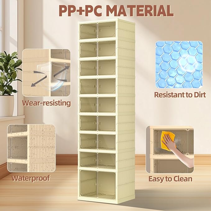 Dollate Shoe Organizer Storage Box,No-Assembly 9 Tiers Foldable Shoe Rack with Clear Door, Large Sneaker Cabinet Bins for Living Room, Cloakroom, Entryway