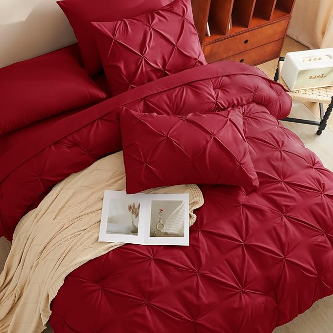 CozyLux Queen Comforter Set Dark Red, 7 Pieces Pintuck Bed in A Bag, Premium Red Comforter Queen Size, Pinch Pleat Bedding Sets with Comforter, Sheets, Pillowcases & Shams