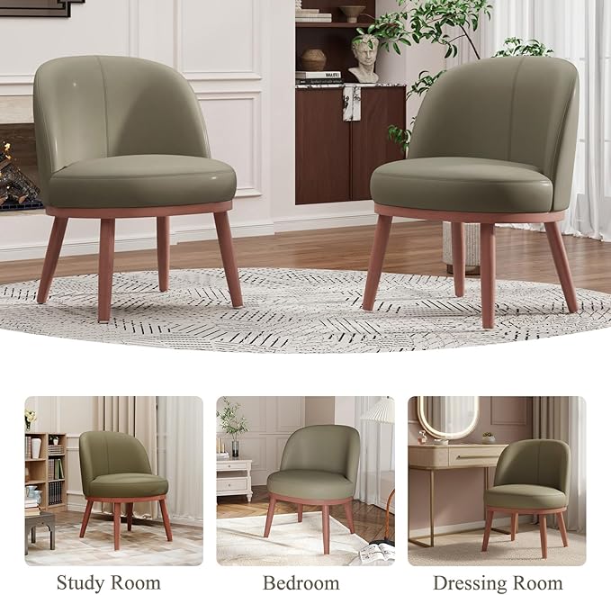 Accent Chair Mid-Century Modern Chair PU Leather Upholstered Armless Chair Set of 1, Suitable for Living Room, Bedroom, Balcony,Olive Green