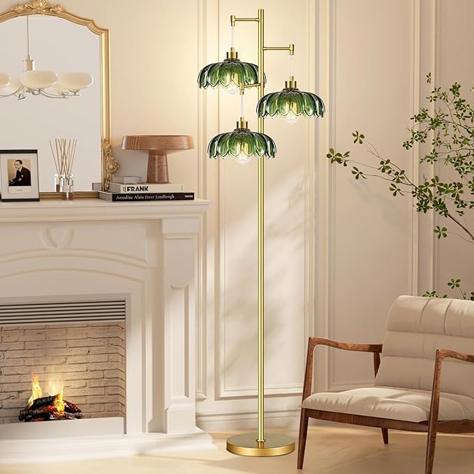 Gold Floor Lamp for Living Room Bedroom,Modern Floor Lamps with Unique Green Glass Shades,3 Lights Mid Century Tall Standing Lamp,Vintage Tree Flower Floor Lamp for Corner Office Reading
