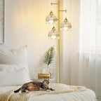 Gold Floor Lamp for Living Room,Bedroom,Mid Century Modern Standing Lamp Brass Tree 3 Light Tall Floor Lamps Vintage Retro Floor Lights Glass Amber Flower Lamp Shade Farmhouse Boho Bohemian