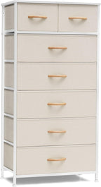 Crestlive Products Vertical Dresser Storage Tower - Sturdy Steel Frame, Wood Top, Easy Pull Fabric Bins, Wood Handles - Organizer Unit for Bedroom, Hallway, Entryway, Closets - 7 Drawers (Beige)