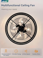 LEDIARY 22 inch Caged Ceiling Fan with Light, Fandelier Industrial Ceiling Fan with Remote, Farmhouse Fan Lights Ceiling Fixtures for Kitchen, Bedroom, Outdoor（6 Speed, Timing）-Walnut