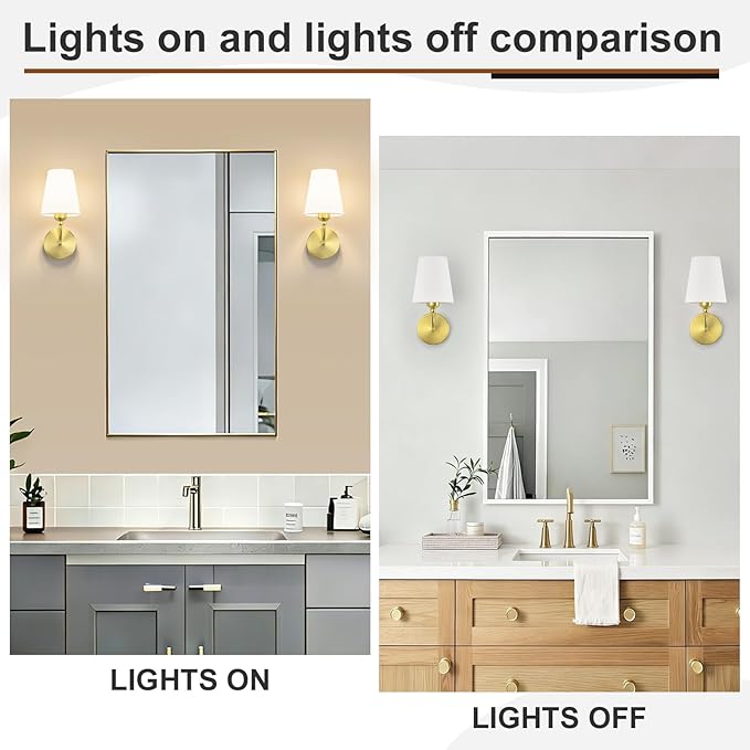 Modern Wall Sconces Set of 2, Hardwired Wall Lights with Flared White Fabric Shade, Brushed Gold Wall Lamps for Bedroom Bedside Stairway Bathroom Living Room(ETL Listed)
