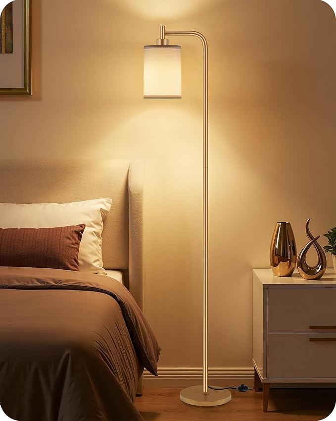 Dimmable Floor Lamp for Living Room with Remote and Foot Switch, Modern Standing, Corner Lamp,10W Bulb 3 Color Temperatures, for Bedroom, Office, Corner, ETL Listed, Gold and White DCW19LD05