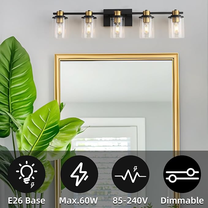 LOUSACE 5 Light Bathroom Vanity Light Black and Gold Bathroom Lighting Fixtures Over Mirror with Clear Glass, Brushed Gold Socket Wall Vanity Lighting Fixtures for Bedroom Living Room
