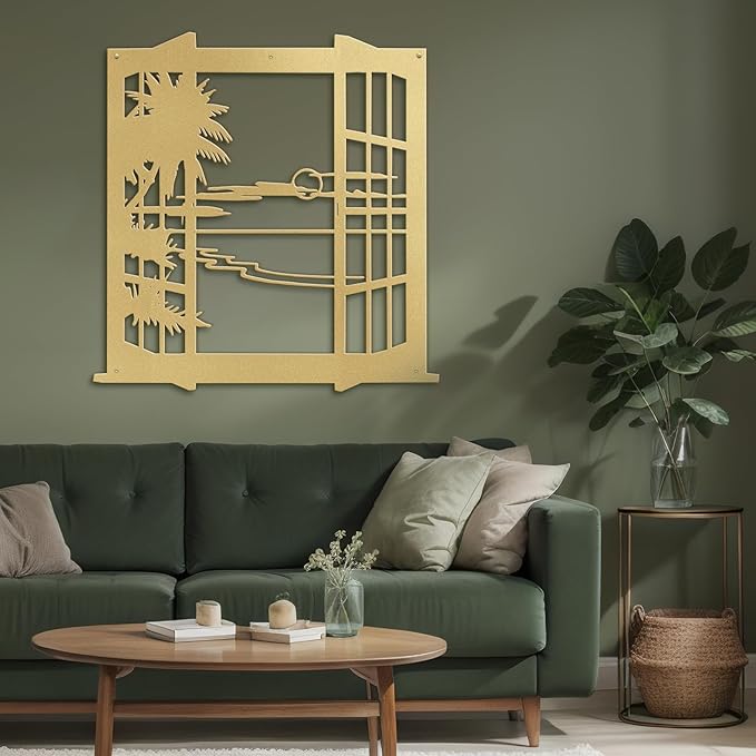 SIGNLEADER Metal Wall Art Decor Tropical Sunset Scenery Modern Abstract Wall Sculpture Hangings Home Decoration for Living Room, Bedroom, Bathroom, Kitchen, Outdoor - 30" Gold