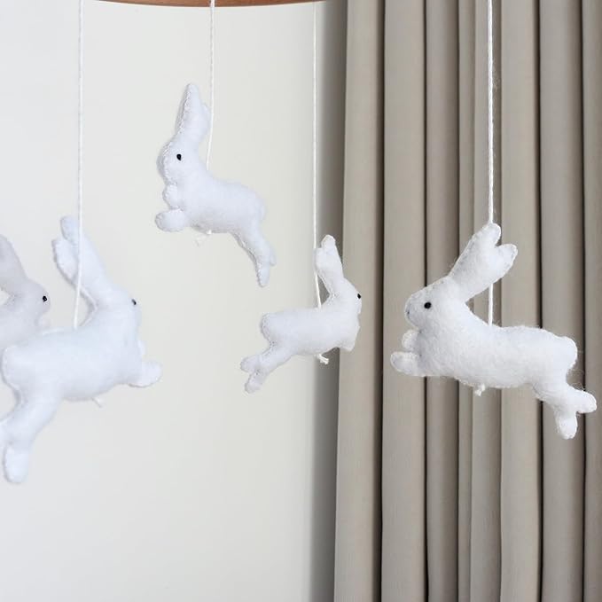 Felt Bunny Crib Mobile for Baby Girls Boys, Handmade Wooden Nursery Hanging Decor, Neutral Rabbit Baby Mobile for Crib Bassinet, Cute Crib Toys Hanging