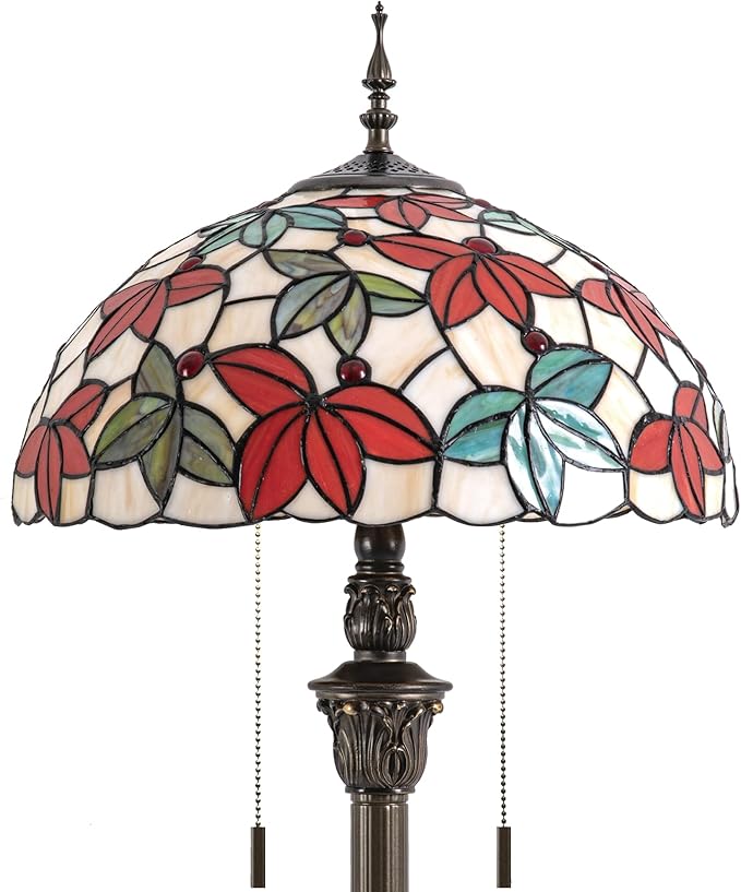 Tiffany Floor Lamp, 16" Stained Glass Maple Leaf Shade with Antique Bronze Base, 2-Light E26 Pull Chain Standing Reading Light for Living Room Bedroom16x16x64 Inches (White Maple Leaf)