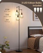 EDISHINE 70IN Farmhouse Floor Lamps for Living Room, Dimmable Industrial Tall Standing Lamps 3 LED Edison Bulbs Included, Diamond-Shaped Cage, Rustic Tree Corner Light for Bedroom, Office, Black