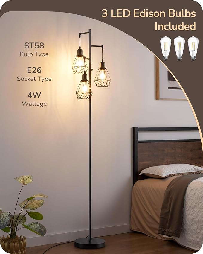 EDISHINE 70IN Farmhouse Floor Lamps for Living Room, Dimmable Industrial Tall Standing Lamps 3 LED Edison Bulbs Included, Diamond-Shaped Cage, Rustic Tree Corner Light for Bedroom, Office, Black