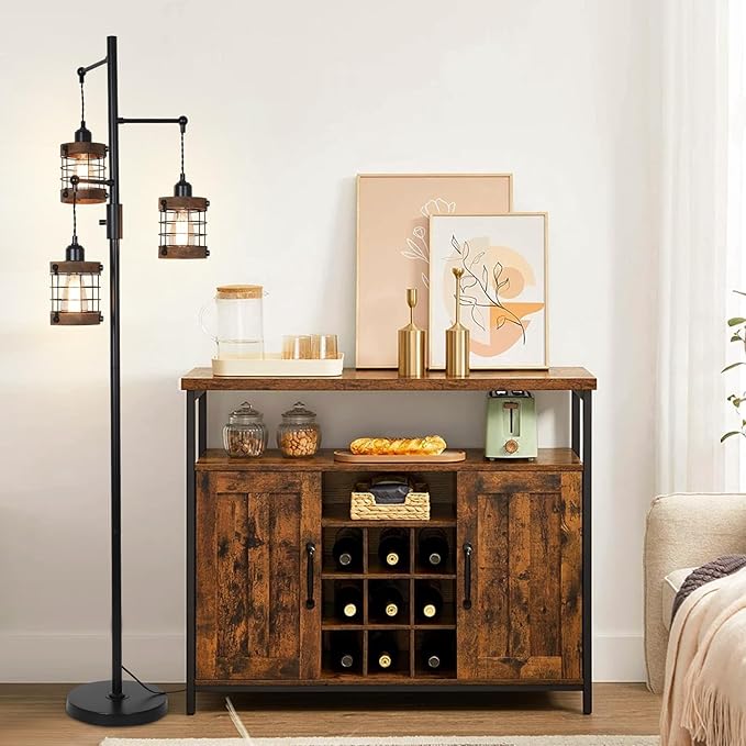 Airposta Dimmable Floor Lamps for Living Room, 3-Light Industrial Floor Lamp with Wood & Metal Cage, Farmhouse Standing Lamp Tall Tree Lamp for Bedroom Office, Rustic Black Tall Floor Lamp for Corner