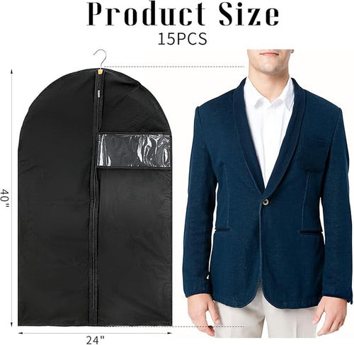 15 Pack Suit Bags Garment Bag for Men Storage 40-inch Clothes Cover with Clear Window and ID Card Holder for Suit Jacket, Skirt, Shirt and Coat