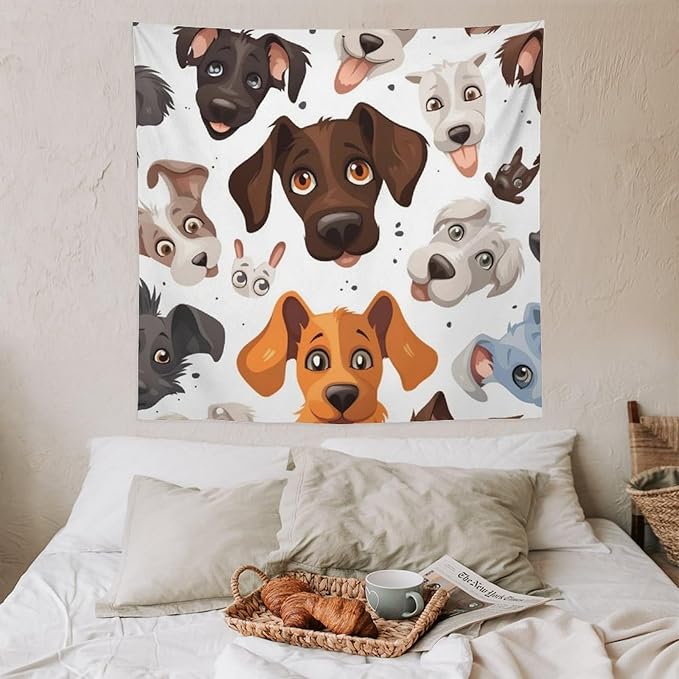 VUMIVI Cartoon Dog Head Tapestry Adorable Pets Humorous Style Abstract Art Illustration Tapestry Wall Hanging for Living Room Bedroom Dorm Classroom Aesthetic Decor W60xL60in