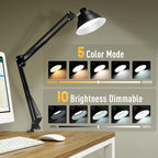 Led Desk Lamp for Home Office - Swing Arm Desk Lamp with Clamp - Architect Adjustable Gooseneck Table Lamp with 5 Color Modes & 10 Brightness for Reading Working Drafting (Black)