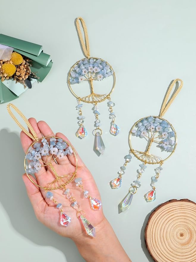 CrystalTears Aquamarine Crystal Tree Life Hanging Ornament for Wall Window Home Room Decor, Feng Shui Healing Crystals Gemstone Glass Suncatcher Car Ornament, Crystal Gifts for Women Christmas