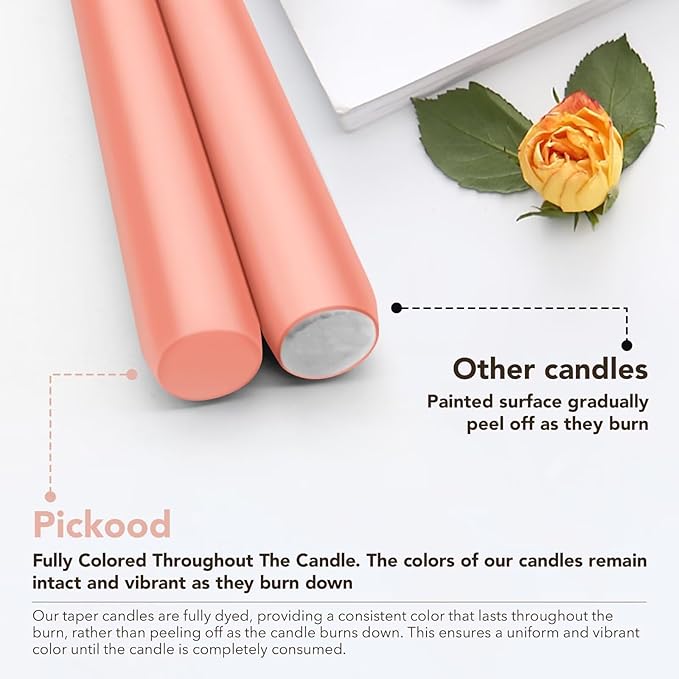 New Burning Formula Unscented Dripless 10-Inch Taper Candles Set of 12 - Rose Gold, for Wedding, Dinner - Smokeless, Long Burning - Hand Poured, Colored Tall Candlesticks - Oro Rosa