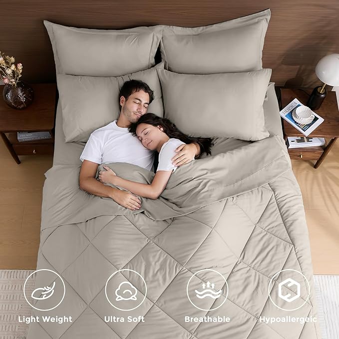 HEVUMYI Oatmeal Queen Comforter Set - 7-Piece All Season Bed in a Bag Queen, Ultra Soft Bedding Set with Comforter, Flat Sheet, Fitted Sheet, Pillowcases, Pillow Shams