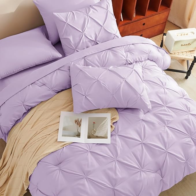 CozyLux Queen Comforter Set Lavender, 7 Pieces Pintuck Bed in A Bag, Premium Light Purple Comforter Queen Size, Pinch Pleat Bedding Sets with Comforter, Sheets, Pillowcases & Shams