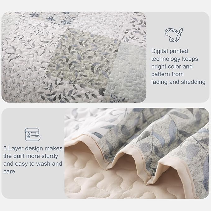 Exclusivo Mezcla Reversible Boho Quilts Twin Size, Gray Bedspreads Lightweight Coverlet All Season Patchwork Quilt Bedding Set with Printed Floral Pattern (1 Quilt, 1 Pillow Sham)