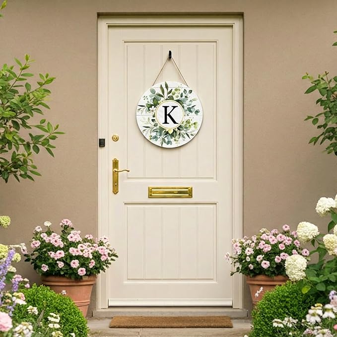 Smile Monogram Letter K Wreaths Wooden Welcome Sign, Family Last Name Initial Front Door Wall Decoration, Floral Spring Summer Porch Rustic Home Kitchen Decor