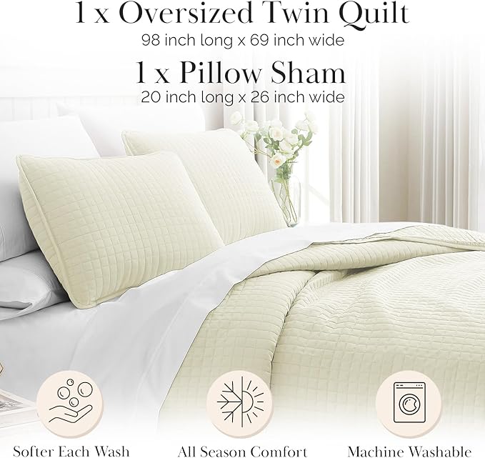 Southshore Fine Living, Inc. Twin XL Quilt Bedding Set, Soft Brushed Microfiber Bedspread Coverlet, Stain and Pet Hair Resistant Bedding, XL/Twin Size Quilt Set with 1 Pillow Sham, Cream