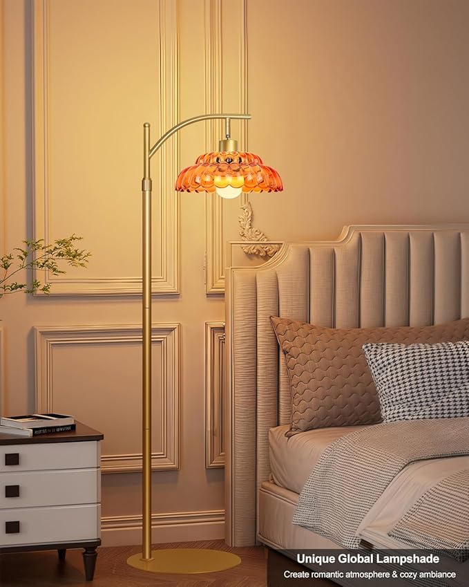 Glass Floor Lamp for Living Room, Standing Lamp with Remote, Dimmable Tall Lamps with Orange Glass Shade, Mid Century Modern Floor Lamps for Bedroom, 12W LED Bulb Included