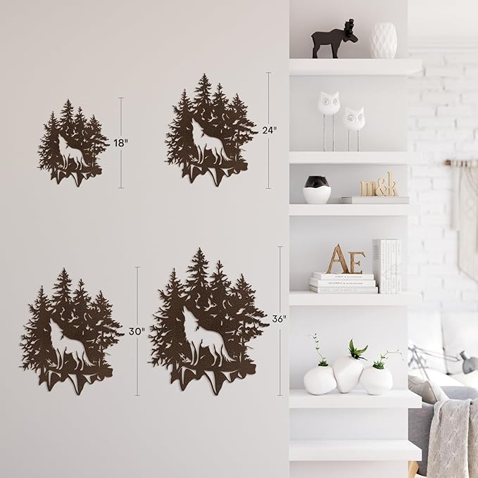 SIGNLEADER Metal Wall Art Decor Wolf and Pine Tree Minimalist Modern Abstract Wall Sculpture Hangings Home Decoration for Living Room, Bedroom, Bathroom, Kitchen, Outdoor - 36" Bronze