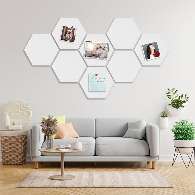 8 Packs White Hexagon Felt Pin Board, 12" Bulletin Board with 30 Push Pins, Felt Board for Home Kitchen Office Decor, Self-Adhesive Corkboard Tiles for Walls School Message Photos Memos