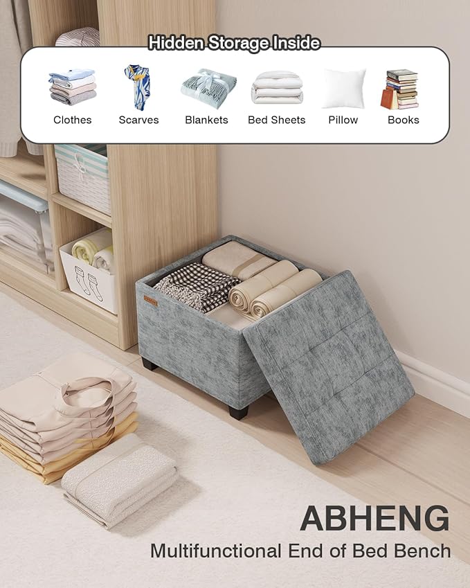 17.7 inches Chenille turfed Ottomans Cube with Legs, Metal-Framed Square Storage Ottoman Foot Rest Stool Holds 770 LB for Dorm Living Room Bedroom Gray UASN641G