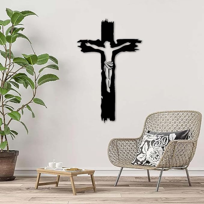 Idadey Jesus Metal Wall Art, Cross Metal Wall Art, Christian Cross Wall Decor, Religious Metal Wall Decor, Christian Gifts, Living Room Wall Decor, Housewarming Gifts (Silver, 30"x19"|76x47cm)