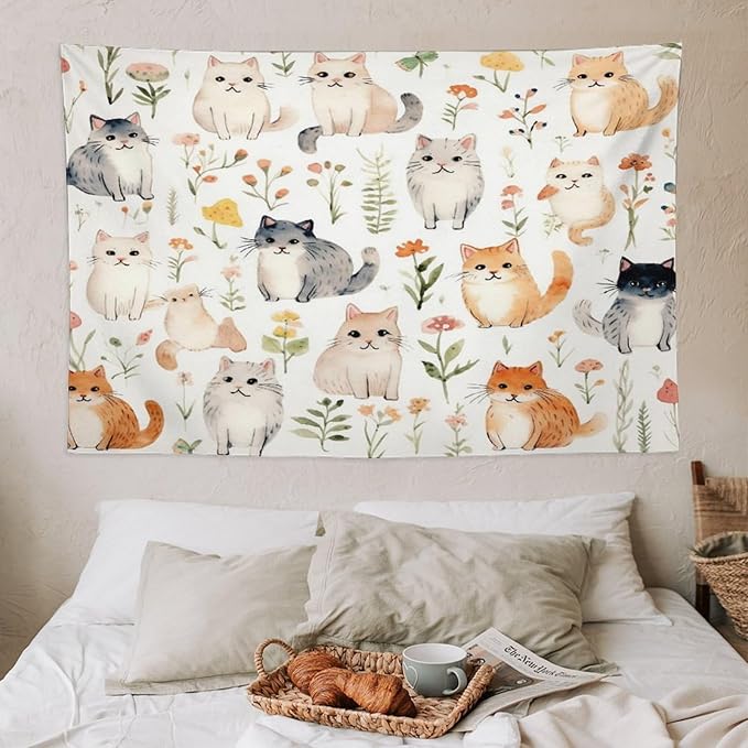 VUMIVI Cute Cat Tapestry Cartoon Pets Flowers Mushrooms Butterflies Watercolor Illustrations Tapestry Wall Hanging for Living Room Bedroom Dorm Classroom Aesthetic Decor W60xL40in