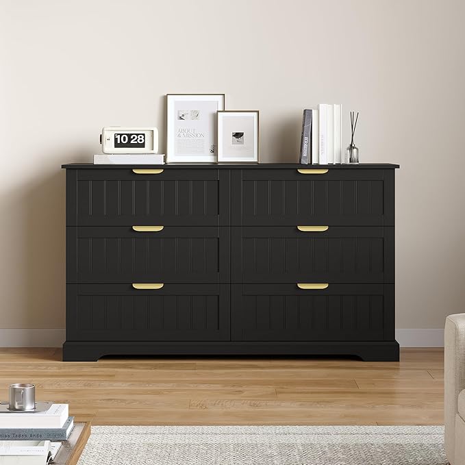 6 Wooden Drawer Dresser for Bedroom Storage, Modern Farmhouse Wood Chest of Drawers with Metal Handles, Wide Storage Cabinet for Closet, Living Room, or Entryway Black