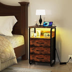 Bed Side Table with 3 Fabric Drawers, Night Stand with Charging Station, LED Nightstand with Hooks, Bedside Table End Table with Storage, Night Table for Living Room, Bedroom (Rustic Brown)