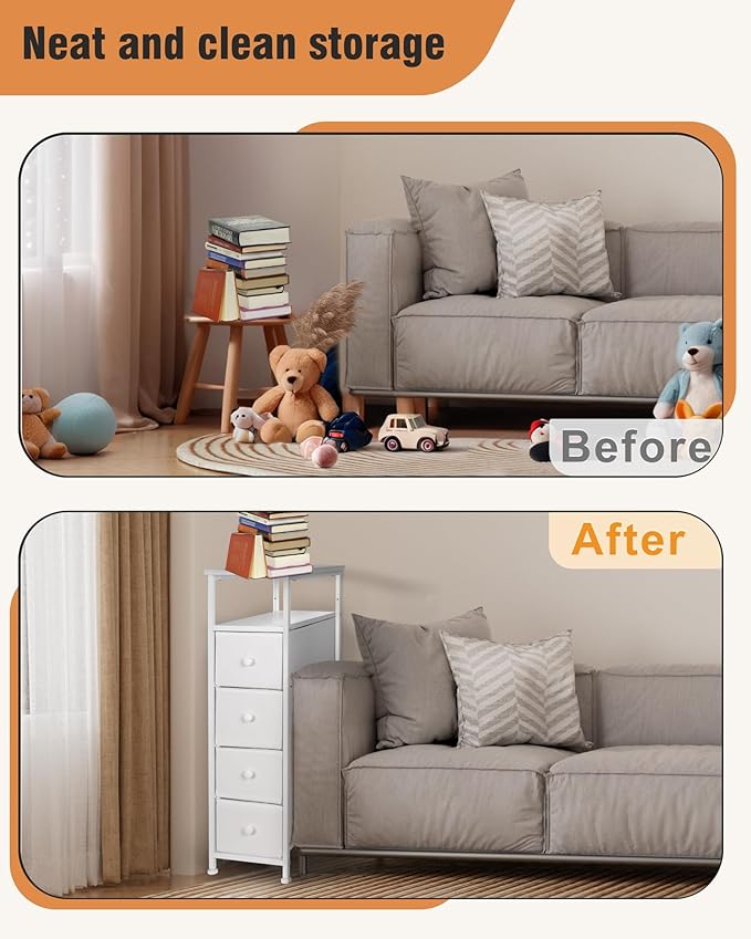 Narrow Dresser for Bedroom, Fabric Tall Dresser & Chests of Drawers with 4 Drawers, Vertical Organizer Storage Tower Unit for Bedroom, Hallway, Entryway White
