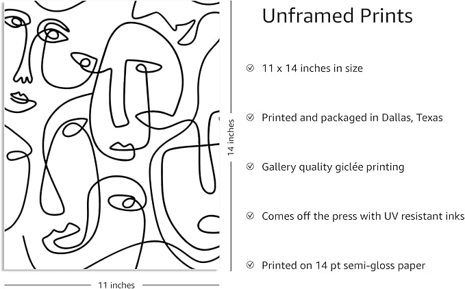 Y2K BOO Abstract Face Pattern UNFRAMED Wall Art Collage of Modern Faces Continuous Line Drawing 11x14 Inch Heavyweight Paper Studio Home Decor