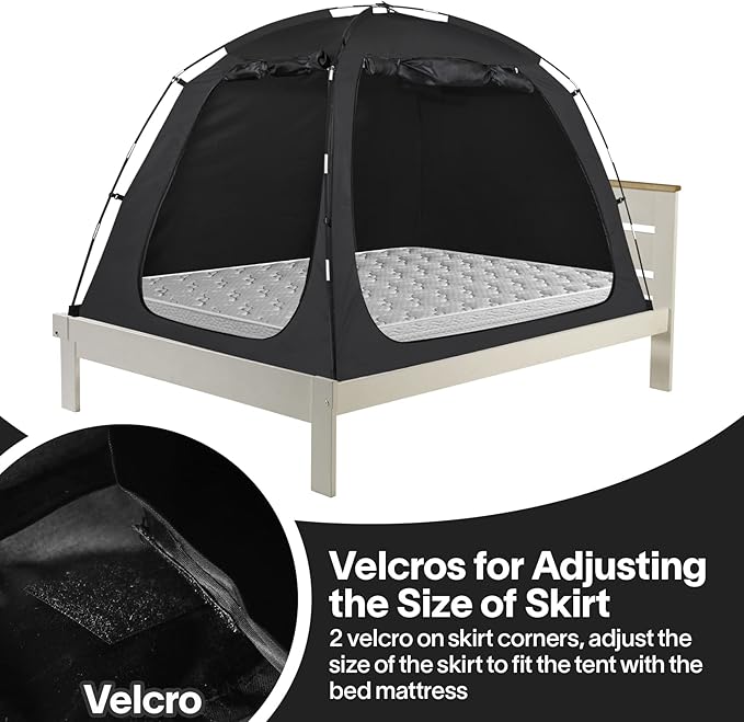 EighteenTek Bed Canopy with Lights, Sleeping Dream Full Bed Tent, Portable Cottage Drafty Room Blackout Breathable Privacy Big Indoor Tents for Girls & Boys Bedroom Decor, Black