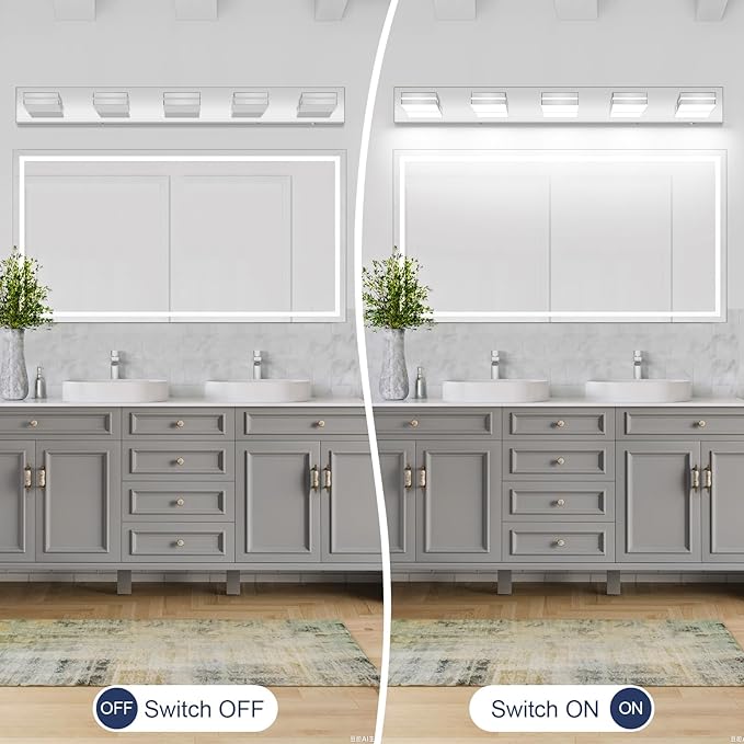 Bathroom Vanity Lighting Fixtures Over Mirror (5-Light, 40-Inch) Dimmable Modern LED Bathroom Wall Lighting Fixtures, Chrome(3000K/3500K/4000K/5000K/6000K)